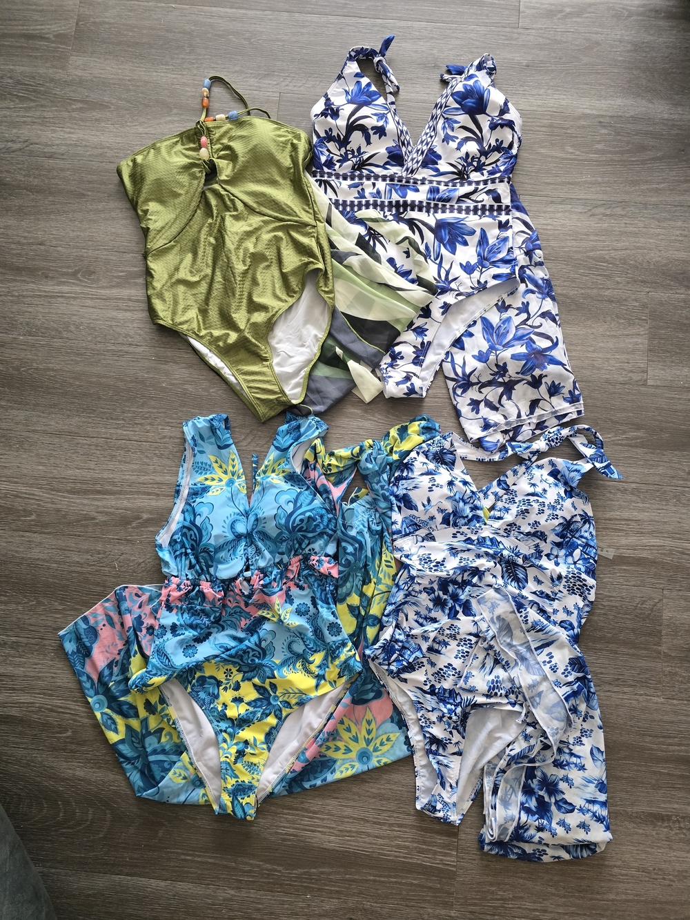 4 PACK- Womens Floral & Solid One-Piece Swimsuit Set - Blue, Green, Multicolor